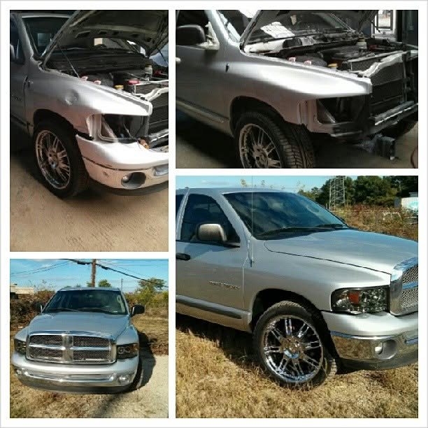 Silver Dodge Ram pickup with a damaged front fender, bumper and headlight, shown before and after repair