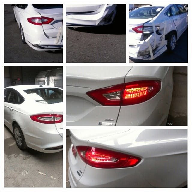 White Ford Fusion with a crushed rear quarter panel and bumper, shown before and after repair