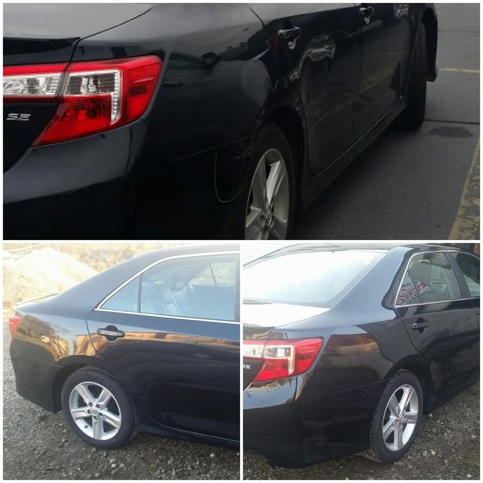 Black Toyota Camry SE with damage along the rear door and quarter panel, shown before and after repair
